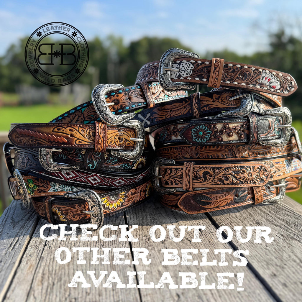 Genuine Leather Western Belt with tooled Black Feather Details by Double B Wild Rags